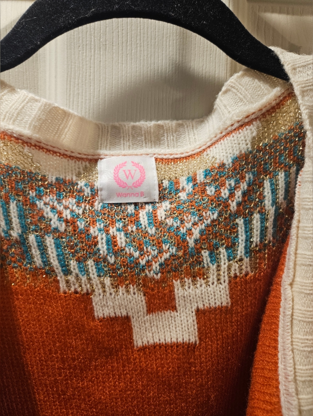 Open-Front Cardigan with Rust & Teal Geometric Pattern - Picture 3 of 4